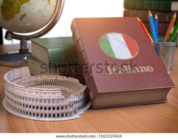 Studying and learn Italian\
concept. Book with flag of Italy and Coliseum on the table. 3d\
Iluustration