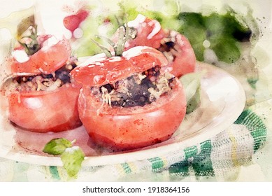 Stuffed Roasted Tomatoes Waterpaint Image