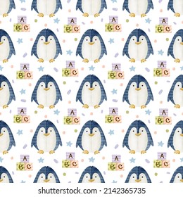 Stuffed toy penguin and alphabet cubes watercolor seamless pattern  