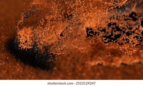 Stunning 3d render featuring a dynamic flow of orange and black particles, forming a captivating abstract backdrop. Ideal for adding a contemporary touch of sophistication to any project
