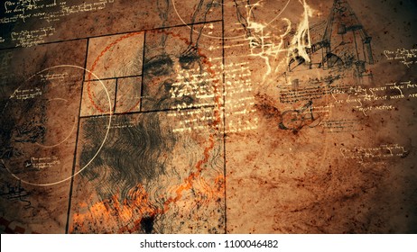 A stunning 3d rendering of code Da Vinci with the portrait of the wise bearded master, a human skull, some bicycle, bright circles, shining texts and black squares placed aslant. 