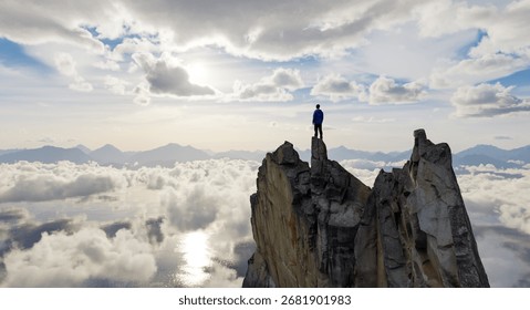 A stunning 3D rendering of a man atop a mountain peak above the clouds.