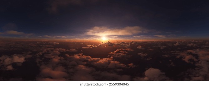 A stunning 3D rendering of a sunrise breaking over a sea of clouds, with a starry sky above, creating a serene and awe-inspiring atmosphere.