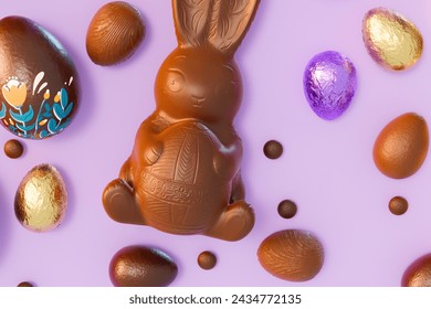 A stunning display of Easter delights, featuring a chocolate bunny, assorted wrapped and unwrapped chocolate eggs arranged on a vivid purple background, capturing the essence of the holiday spirit. - Powered by Shutterstock