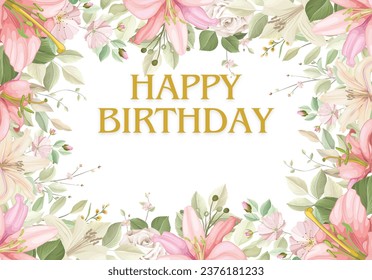 Stunning happy birthday card with elegant flower border, customizable text, and space for the recipient's name. - Powered by Shutterstock