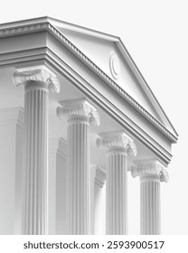 A stunning, high-quality 3D render of a neoclassical architectural structure featuring elegant Ionic columns supporting a detailed triangular pediment. The intricate fluted columns with volute capital