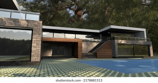 Stunning High-tech House In A Pine Forest. Exterior Finish In Slate And Façade Boards. Steep Pavers And A Beautiful Blue Water Pool. 3d Render.