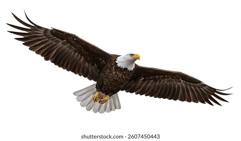 A stunning image of a bald eagle in midflight, wings fully extended, showcasing its powerful physique and iconic white head. Isolated on a white background.