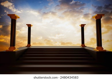 Stunning image of classical columns and stairs ascending to a cloudy sky, evoking a sense of grandeur and timelessness. 3D illustration