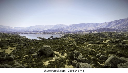 A stunning natural view featuring a tranquil lake nestled among rugged hills and boulders under a clear sky. The vibrant greenery contrasts with the rocky terrain, creating a picturesque setting.