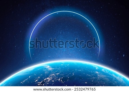 Stunning view of Earth from space, showcasing a glowing horizon background. The Earth, space, and horizon create a breathtaking cosmic scene. Earth and space in harmony background wallpaper.