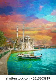 Stunning view of landscape in the morning sunrise at Ortakoy Mosque and Bosphorus Bridge, one of the most popular locations in the Bosphorus of Istanbul, Turkey.- oil painting.