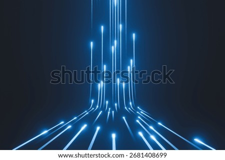 stunning visual representation of data flow and connectivity. This image features glowing blue lines converging and rising, symbolizing advanced technology, digital innovation 3D render  