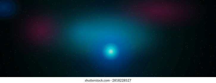 A stunning wide panoramic view of deep space featuring a dark background with soft glowing blue and purple nebula clouds and scattered bright stars.