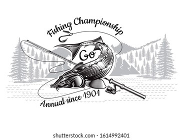 Sturgeon Fish Bend Silhouette With Crossed Fishing Rod With Landscape In Engrving Style. Label For Fishing, Championship And Sport Club On White