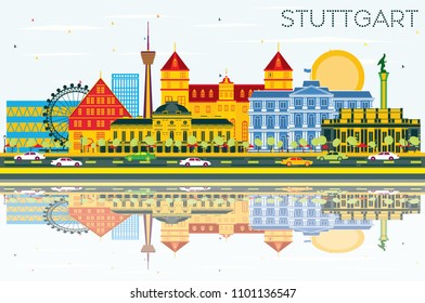 Stuttgart Germany Skyline With Color Buildings, Blue Sky And Reflections. Business Travel And Tourism Concept With Historic Architecture. Stuttgart Cityscape With Landmarks.