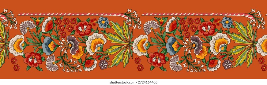 Style: The pattern is a seamless border design, commonly associated with traditional Mughal or Indian textile art, also referred to as Kalamkari or Chintz style. This style often features intricate details and vibrant colors.
