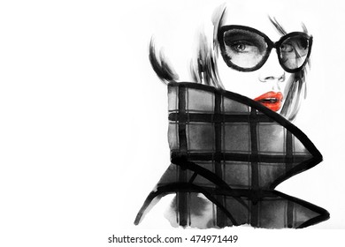 Style Woman With Sunglasses. Abstract Fashion Watercolor Illustration