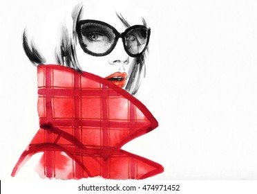 Style woman with sunglasses. Abstract fashion watercolor illustration