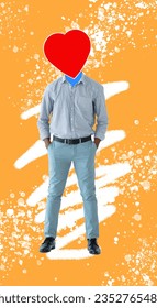 Stylish African American man standing and red heart for his face isolated orange background while holding his hands in pockets  Copy space  Dating  romantic concept  Art collage