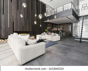 Stylish apartment in a modern style. Duplex living room with kitchen