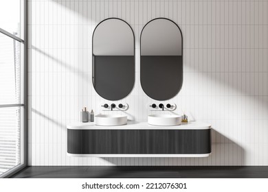 Stylish Bathroom Interior With Double Sink And Dresser With Accessories, Black Hardwood Floor. Panoramic Window On Skyscrapers. 3D Rendering