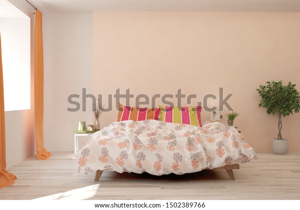 Stylish Bedroom Coral Color Scandinavian Interior Stock