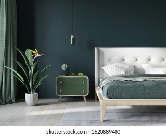 Stylish Bedroom Interior With A Harmonious Combination Of Dark Green And Light Beige / 3D Illustration, 3d Render