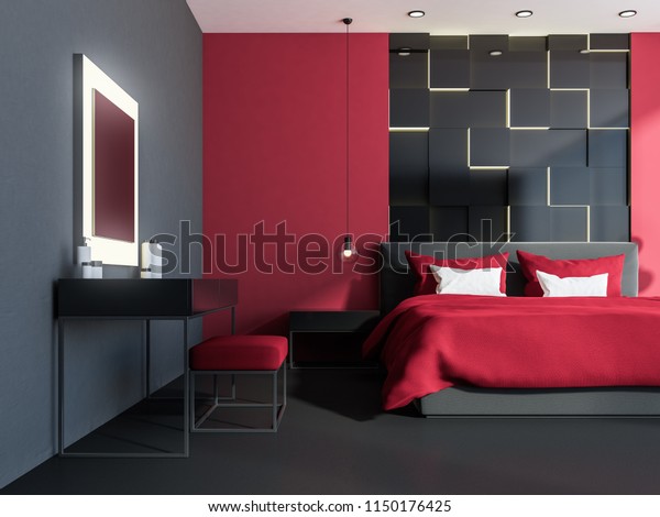 Stylish Bedroom Interior Red Walls Gray Stock Illustration