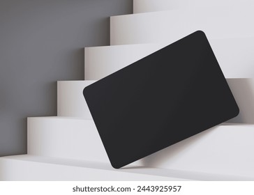 Stylish black business card mockup on a cascading white staircase, perfect for a bold and modern branding presentation. European size, 3,25 x 2,17 inch. Visiting, name card. Rounded. 3D Illustration - Powered by Shutterstock