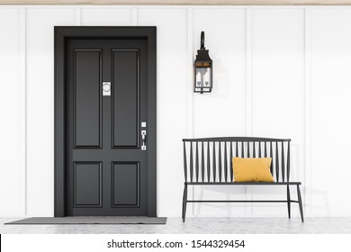 Stylish Black Front Door Of Modern House With White Walls, Door Mat, Black Bench And Lamp. 3d Rendering