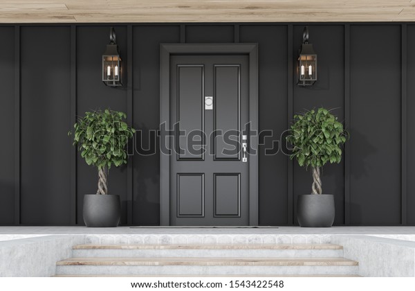 Stylish black\
front door of modern house with black walls, door mat, trees in\
pots, stairs and lamps. 3d\
rendering