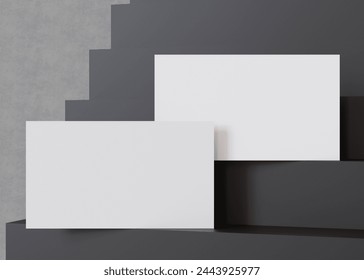 Stylish blank, white business cards on a cascading black staircase, perfect for a bold and modern branding presentation. American size, 3,5 x 2 inch. Visiting, name cards mockup. 3D. 3D Illustration - Powered by Shutterstock