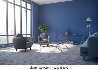 Stylish blue living room interior, furniture and city view with sunlight. 3D Rendering 