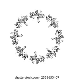 Stylish botanical frame in monochrome, showcasing detailed foliage and floral accents in a circular layout. Great for branding, stationary, or art prints. - Powered by Shutterstock