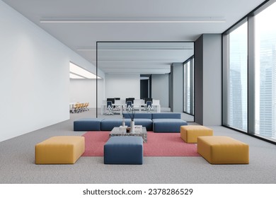 Stylish business interior with colorful waiting space with sofa, glass coworking room with pc computers. Meeting space with board and seats. Panoramic window on city skyscrapers. 3D rendering - Powered by Shutterstock