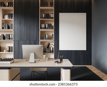 Stylish business interior table with pc computer, carpet on hardwood floor. Ceo workspace with technology and shelf with folders. Mockup copy space poster. 3D rendering