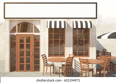 Stylish cafe exterior with tables, chairs, umbrella and empty poster. Mock up, 3D Rendering