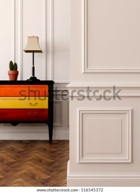 Stylish Colorful Dresser Against White Walls Stock Illustration