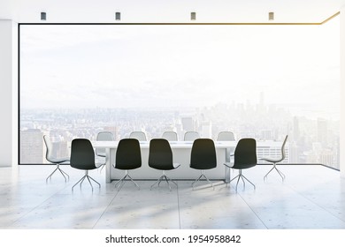 Stylish conference room with balck and white furniture on marble floor and city skyscrapers view from glass wall. 3D rendering - Powered by Shutterstock