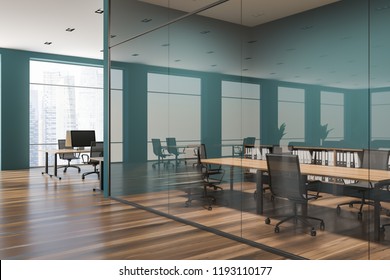 Stylish conference room interior with green and glass walls, wooden table and metal chairs. Open space office in the background. 3d rendering copy space - Powered by Shutterstock