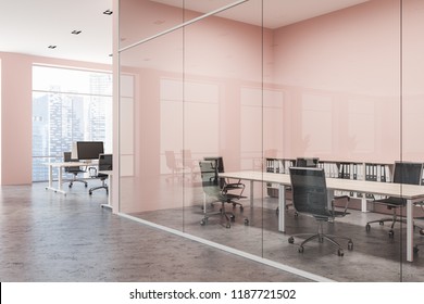 Stylish conference room interior with pink and glass walls, wooden table and metal chairs. Open space office in the background. 3d rendering copy space - Powered by Shutterstock