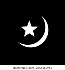 Stylish crescent moon and star symbol in black and white, perfect for Islamic themes, Eid celebrations, Muslim art, minimalistic logo design, and modern digital or print media projects. - Powered by Shutterstock