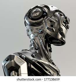 Stylish Cyborg Man / Steel Serious Futuristic Robot In Profile. 3d Render