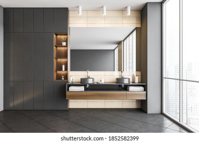 Stylish Dark Grey Bathroom, Two Sinks With Big Mirror And Large Window. Washbasin In Stylish Living Room, Illustration Of Modern New Furniture In Bathroom, 3D Rendering No People