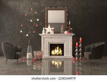 Stylish dark minimalist living room with a fireplace, New Year's interior with a Christmas tree decorated with toys. Branch with toys and gifts. 3d render - Powered by Shutterstock