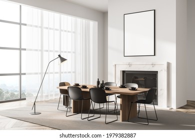 Stylish designed modern interior of dining room with fire pace, table and six black chairs. Minimalist style of home decor. Empty white framed poster on wall. 3d rendering