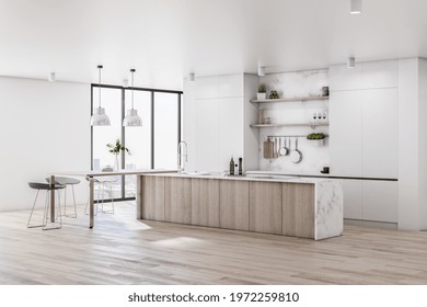 Stylish eco style kitchen area with wooden tabletop, floor, city view from big window and kitchen utensils and dishes on light wall. 3D rendering - Powered by Shutterstock