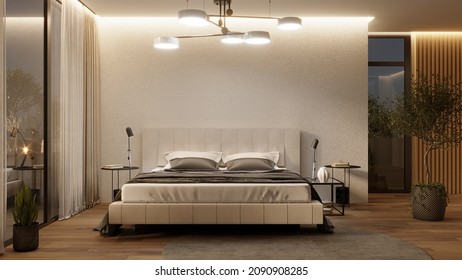 Stylish eco-style interior. Cozy bedroom with a soft bed. View from the window to the park. Stylish living room interior of modern apartment and trendy furniture, 3D render. 
Bedroom in white color