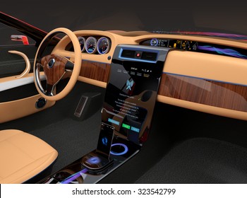 Stylish Electric Car Interior With Luxury Wood Pattern Decoration. User Can Update Software Just Touch Few Button In Console Screen. Original Design.